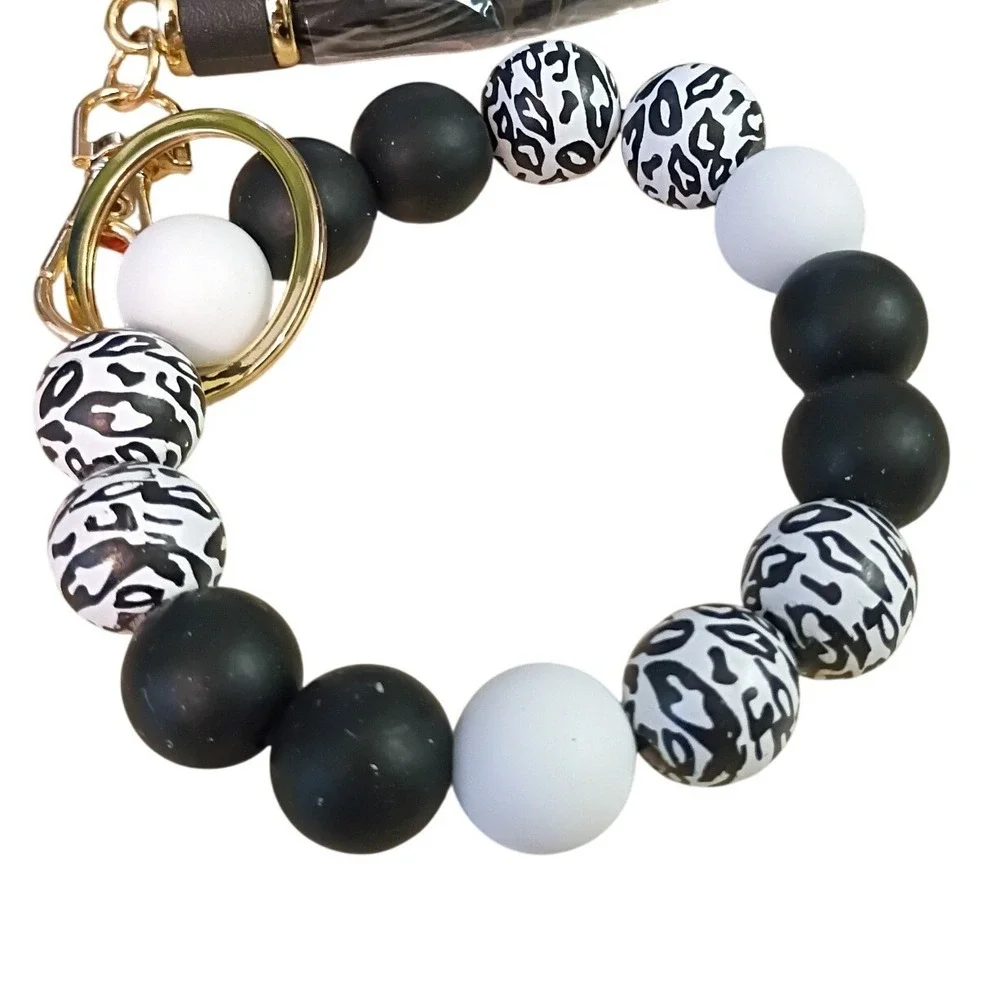 Black White Leopard Silicone Bead Keychain Wristlet with Tassel Gold Hardware